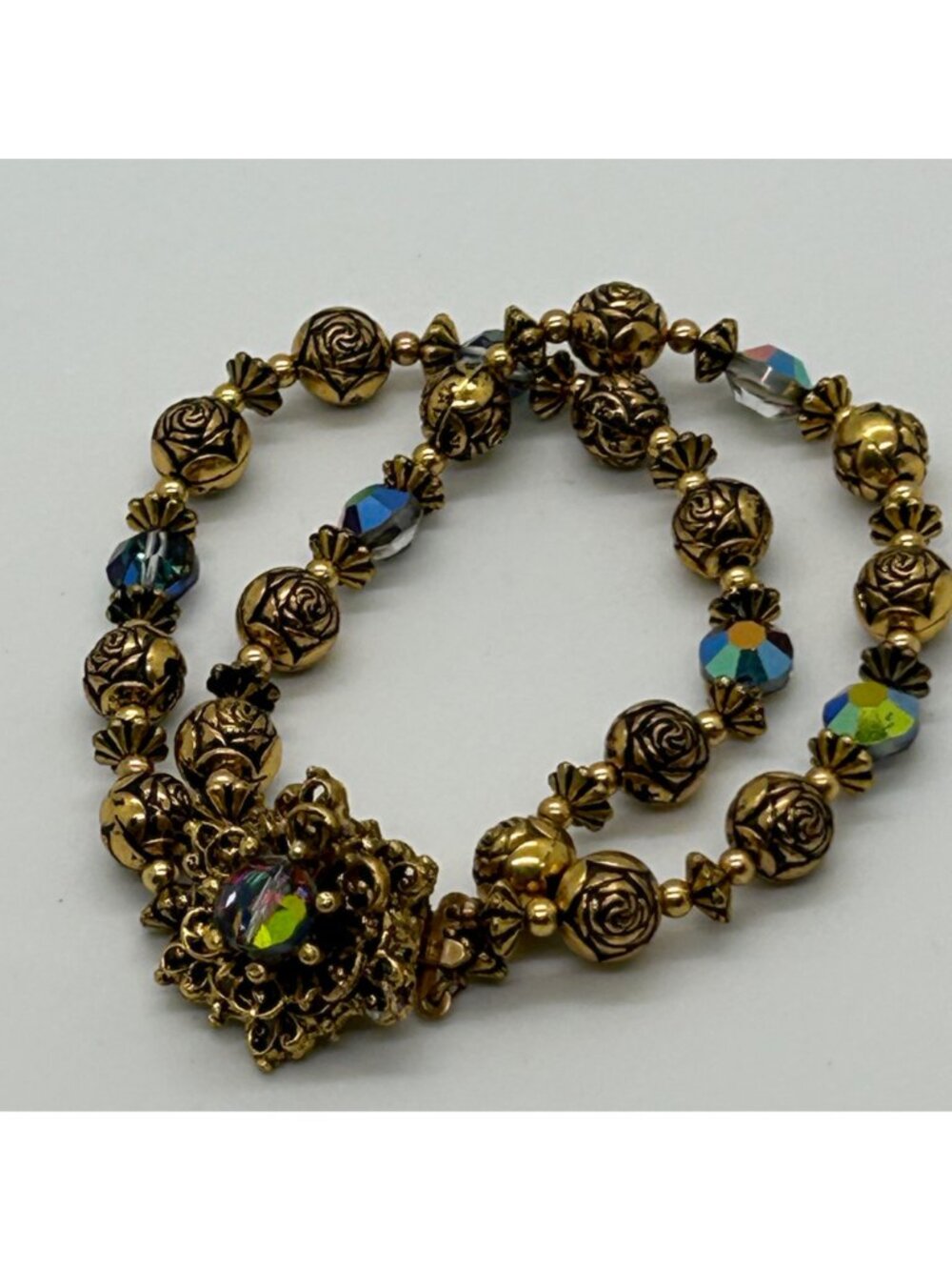 Vintage 1950s Double Strand Gold Rosette Aurora Borealis AB Crystal Bracelet - Picture 4 of 11